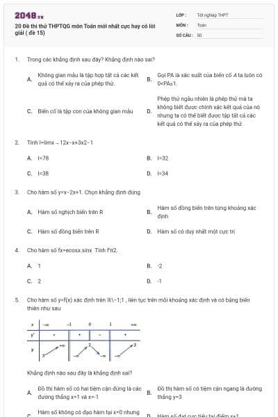 20 Đề thi thử THPTQG môn Toán mới nhất cực hay có lời giải ( đề 15)