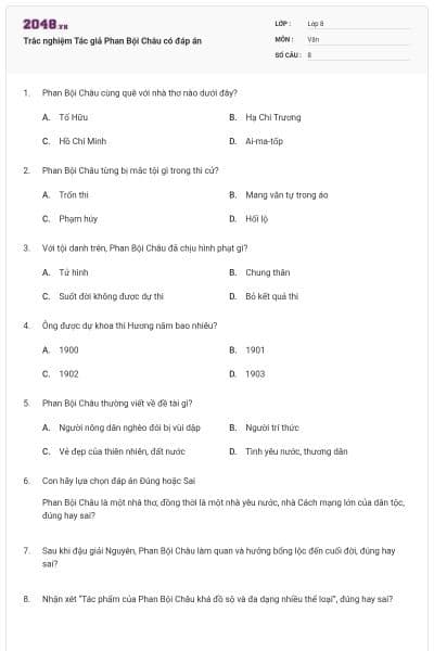 Trắc nghiệm Tác giả Phan Bội Châu có đáp án