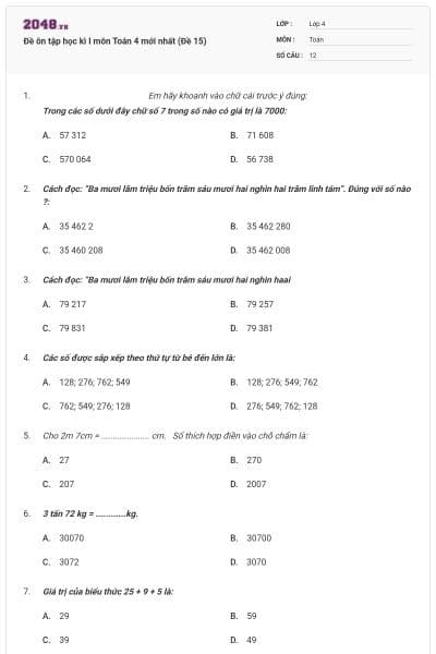 Đề ôn tập học kì I môn Toán 4 mới nhất (Đề 15)