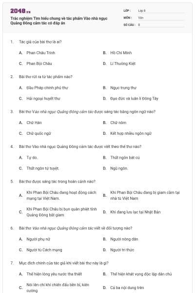 Trắc nghiệm Tìm hiểu chung về tác phẩm Vào nhà ngục Quảng Đông cảm tác có đáp án