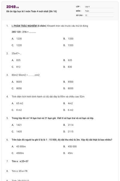 Đề ôn tập học kì I môn Toán 4 mới nhất (Đề 16)