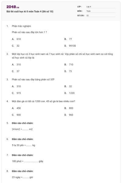 Bài thi cuối học kì II môn Toán 4 (Đề số 10)