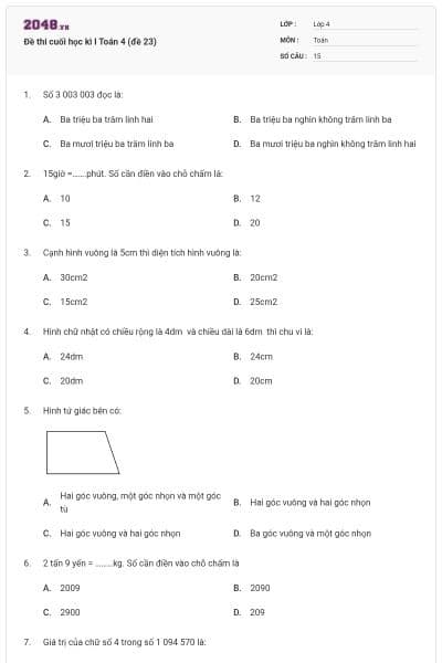 Đề thi cuối học kì I Toán 4 (đề 23)