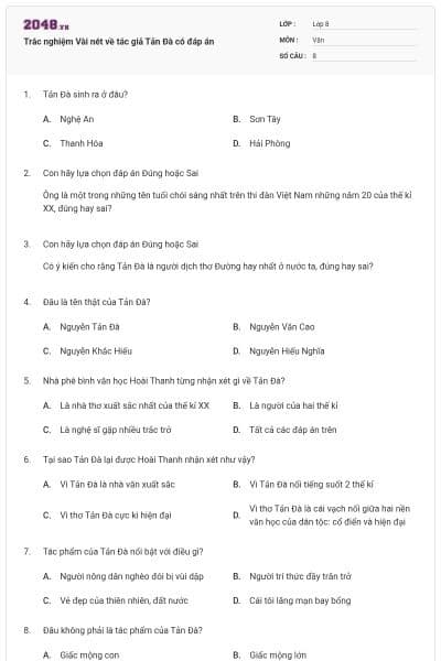 Trắc nghiệm Vài nét về tác giả Tản Đà có đáp án