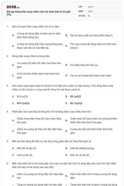 Bài tập Dòng điện xoay chiều mức độ nhận biết có lời giải (P2)