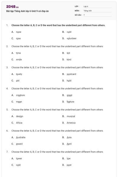 Bài tập Tiếng Anh lớp 6 Unit 9 có đáp án