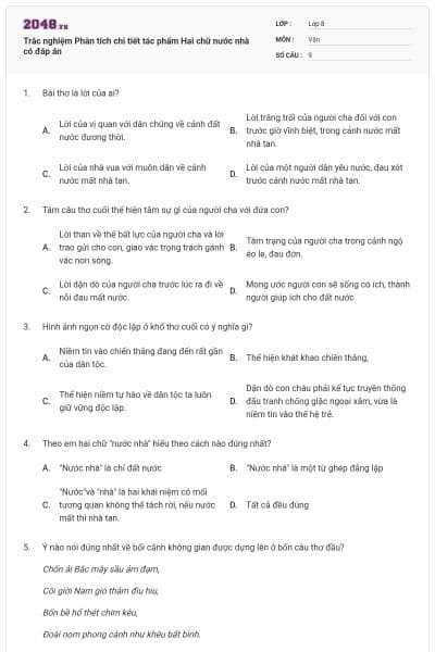 Trắc nghiệm Phân tích chi tiết tác phẩm Hai chữ nước nhà có đáp án
