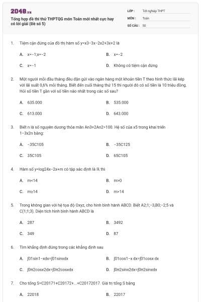 Tổng hợp đề thi thử THPTQG môn Toán mới nhất cực hay có lời giải (Đề số 5)