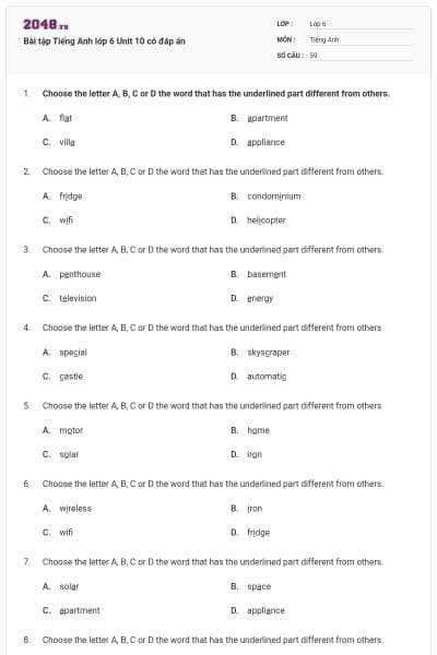 Bài tập Tiếng Anh lớp 6 Unit 10 có đáp án