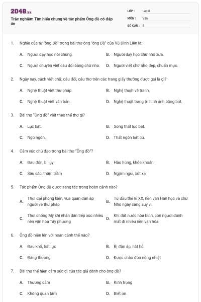 Trắc nghiệm Tìm hiểu chung về tác phẩm Ông đồ có đáp án