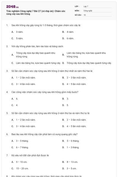 Trắc nghiệm Công nghệ 7 Bài 27 (có đáp án): Chăm sóc rừng cây sau khi trồng