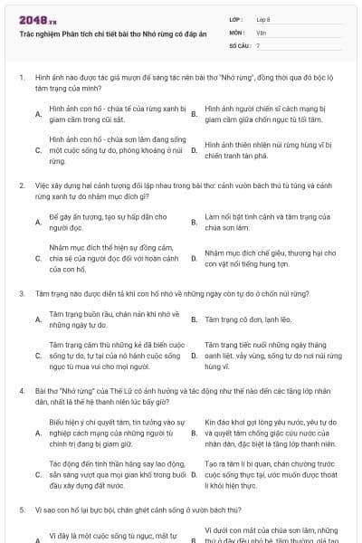 Trắc nghiệm Phân tích chi tiết bài thơ Nhớ rừng có đáp án