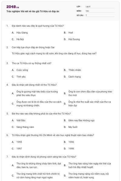 Trắc nghiệm Vài nét về tác giả Tố Hữu có đáp án