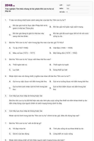 Trắc nghiệm Tìm hiểu chung về tác phẩm Khi con tu hú có đáp án