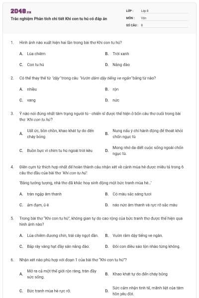 Trắc nghiệm Phân tích chi tiết Khi con tu hú có đáp án