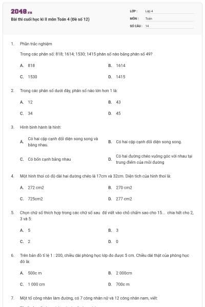 Bài thi cuối học kì II môn Toán 4 (Đề số 12)