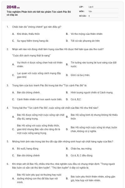 Trắc nghiệm Phân tích chi tiết tác phẩm Tức cảnh Pác Bó có đáp án
