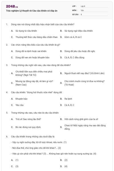 Trắc nghiệm Lý thuyết về Câu cầu khiến có đáp án