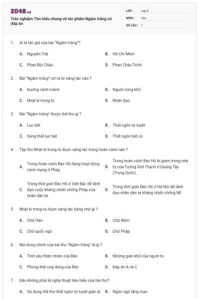 Trắc nghiệm Tìm hiểu chung về tác phẩm Ngắm trăng có đáp án