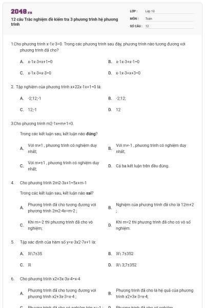 12 câu Trắc nghiệm đề kiểm tra 3 phương trình hệ phương trình