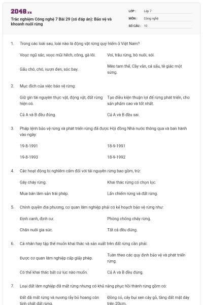 Trắc nghiệm Công nghệ 7 Bài 29 (có đáp án): Bảo vệ và khoanh nuôi rừng