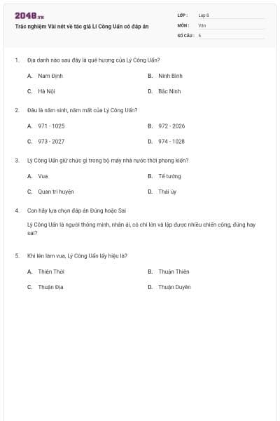 Trắc nghiệm Vài nét về tác giả Lí Công Uẩn có đáp án