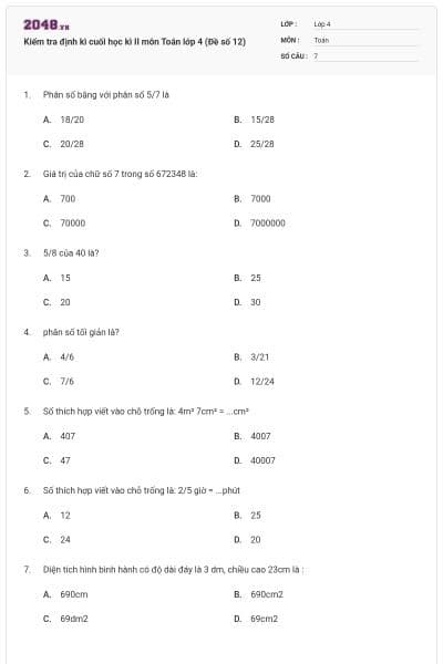 Kiểm tra định kì cuối học kì II môn Toán lớp 4 (Đề số 12)