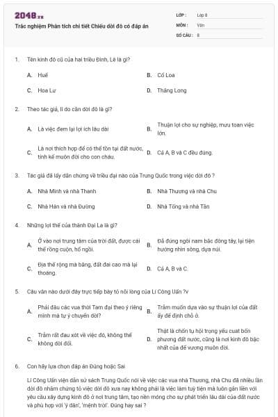 Trắc nghiệm Phân tích chi tiết Chiếu dời đô có đáp án