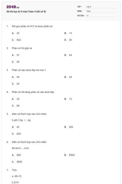 Đề thi học kì II môn Toán 4 (đề số 8)