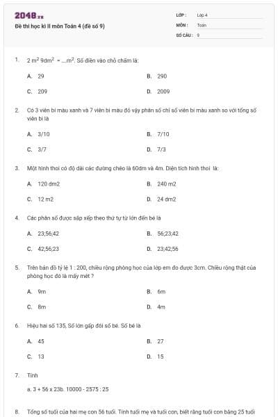 Đề thi học kì II môn Toán 4 (đề số 9)