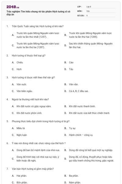 Trắc nghiệm Tìm hiểu chung về tác phẩm Hịch tướng sĩ có đáp án