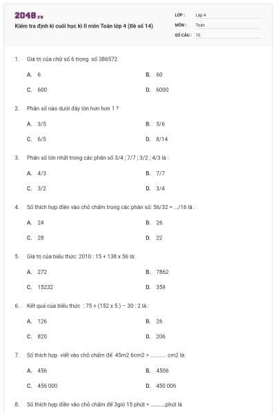 Kiểm tra định kì cuối học kì II môn Toán lớp 4 (Đề số 14)
