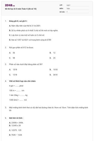 Đề thi học kì II môn Toán 4 (đề số 10)