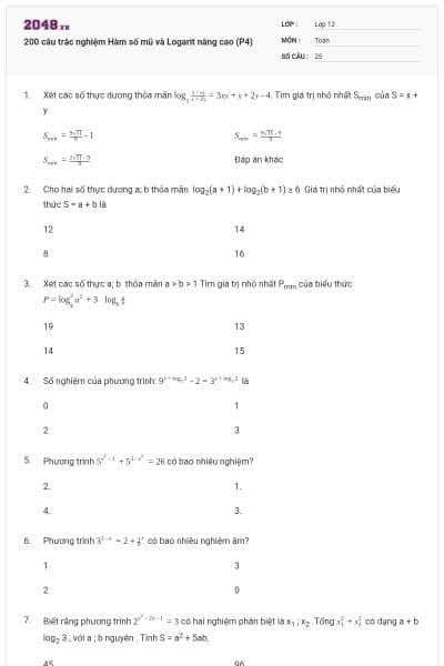 200 câu trắc nghiệm Hàm số mũ và Logarit nâng cao (P4)