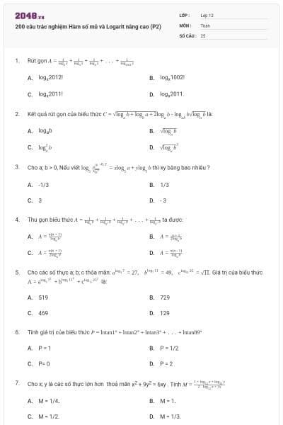 200 câu trắc nghiệm Hàm số mũ và Logarit nâng cao (P2)