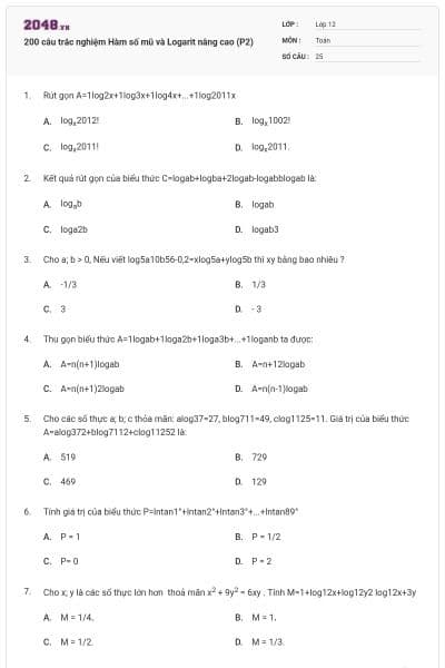 200 câu trắc nghiệm Hàm số mũ và Logarit nâng cao (P2)