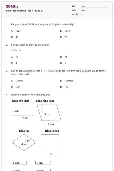 Đề thi học kì II môn Toán 4 (đề số 11)