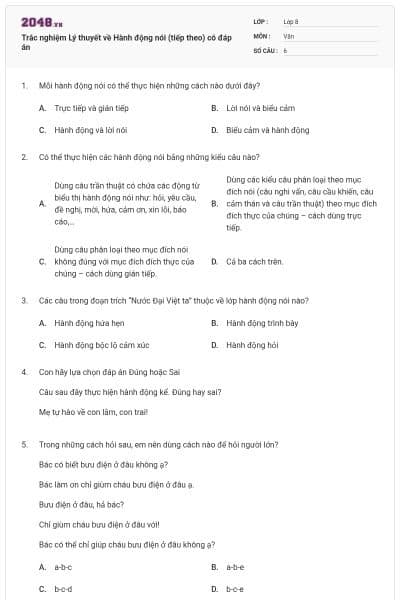 Trắc nghiệm Lý thuyết về Hành động nói (tiếp theo) có đáp án