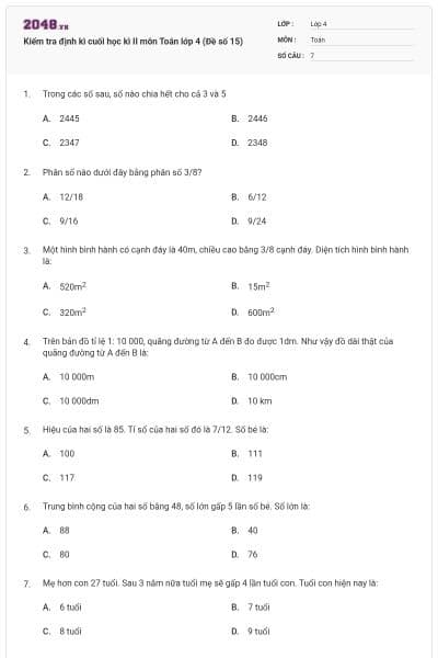 Kiểm tra định kì cuối học kì II môn Toán lớp 4 (Đề số 15)
