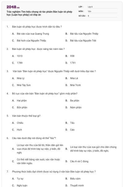 Trắc nghiệm Tìm hiểu chung về tác phẩm Bàn luận về phép học (Luận học pháp) có đáp án