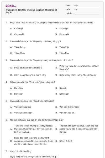 Trắc nghiệm Tìm hiểu chung về tác phẩm Thuế máu có đáp án