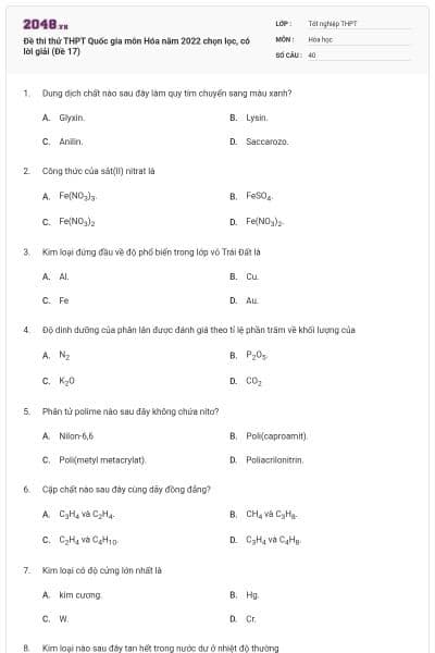 Đề thi thử THPT Quốc gia môn Hóa năm 2022 chọn lọc, có lời giải (Đề 17)