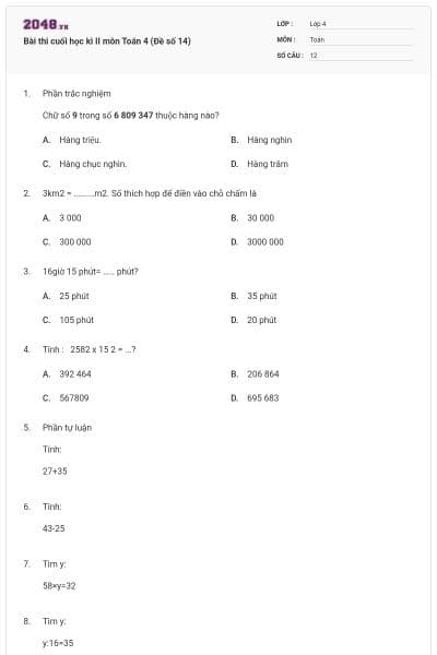 Bài thi cuối học kì II môn Toán 4 (Đề số 14)