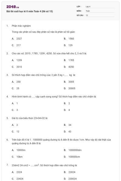 Bài thi cuối học kì II môn Toán 4 (Đề số 15)