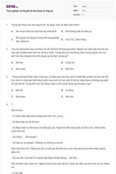 Trắc nghiệm Lý thuyết về Hội thoại có đáp án