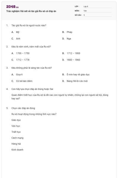 Trắc nghiệm Vài nét về tác giả Ru-xô có đáp án