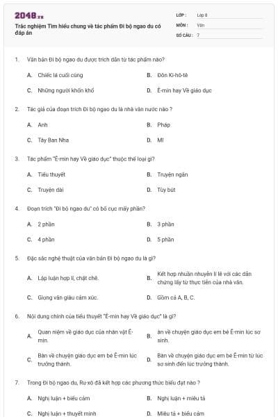 Trắc nghiệm Tìm hiểu chung về tác phẩm Đi bộ ngao du có đáp án