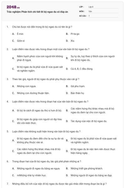 Trắc nghiệm Phân tích chi tiết Đi bộ ngao du có đáp án