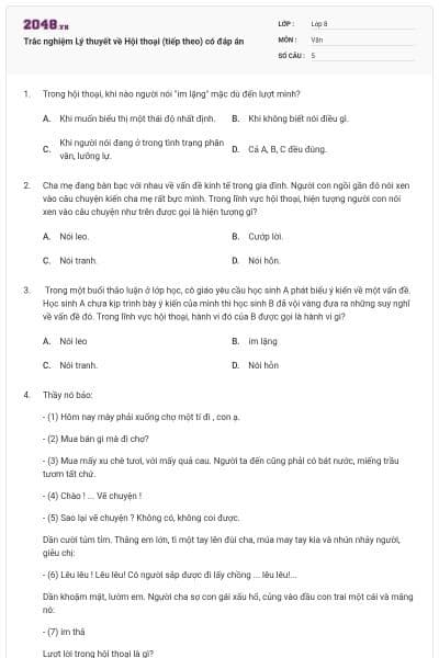 Trắc nghiệm Lý thuyết về Hội thoại (tiếp theo) có đáp án