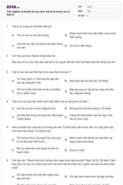 Trắc nghiệm Lý thuyết về Lựa chọn trật tự từ trong câu có đáp án